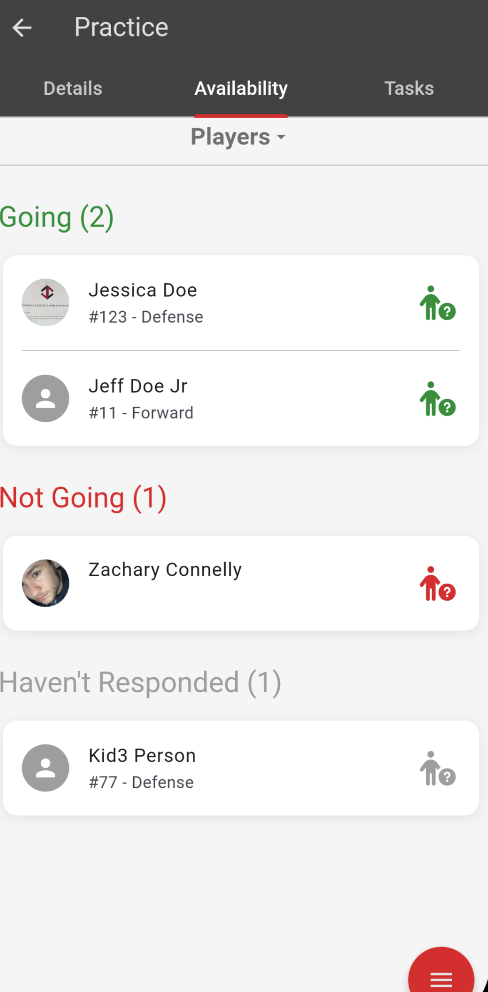 StatZone app availability screen on a phone, listing players who are going, not going, and haven't responded to a practice.