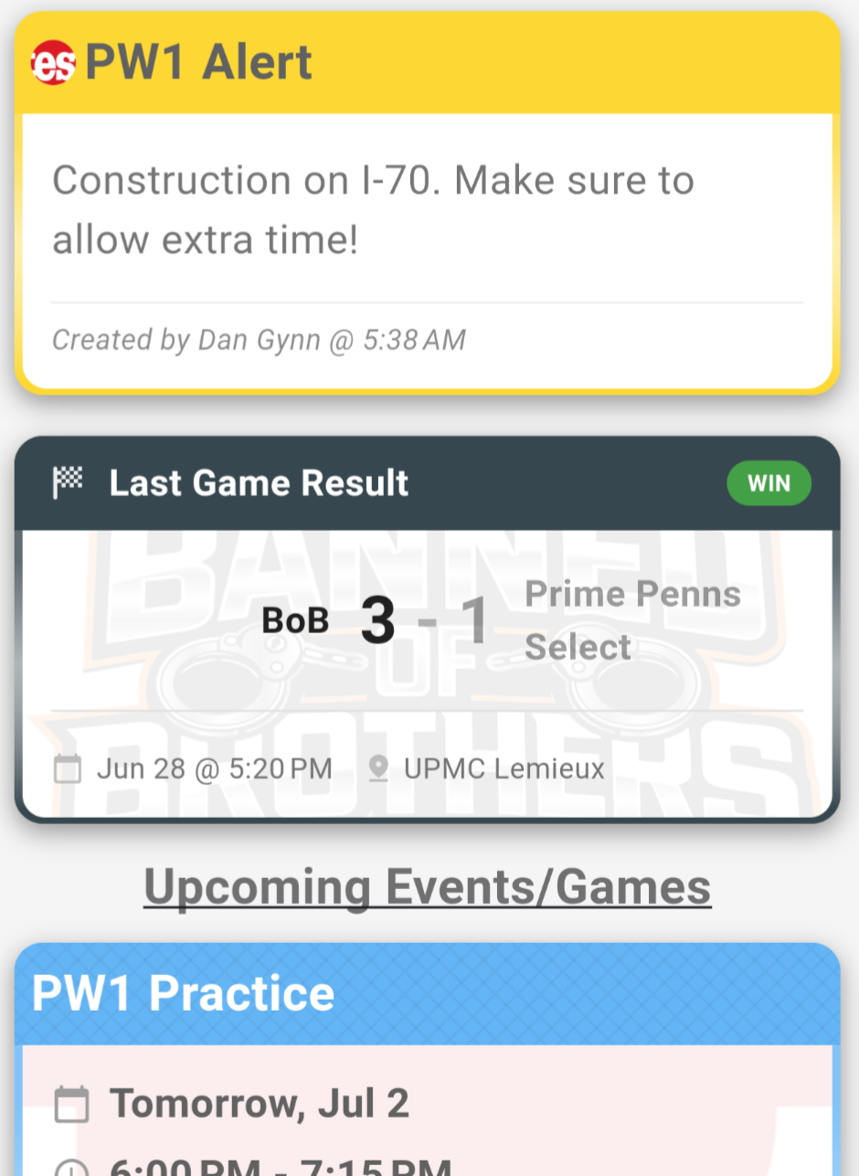 StatZone app Home screen on a phone, with a team alert, the last game result, and the next practice.