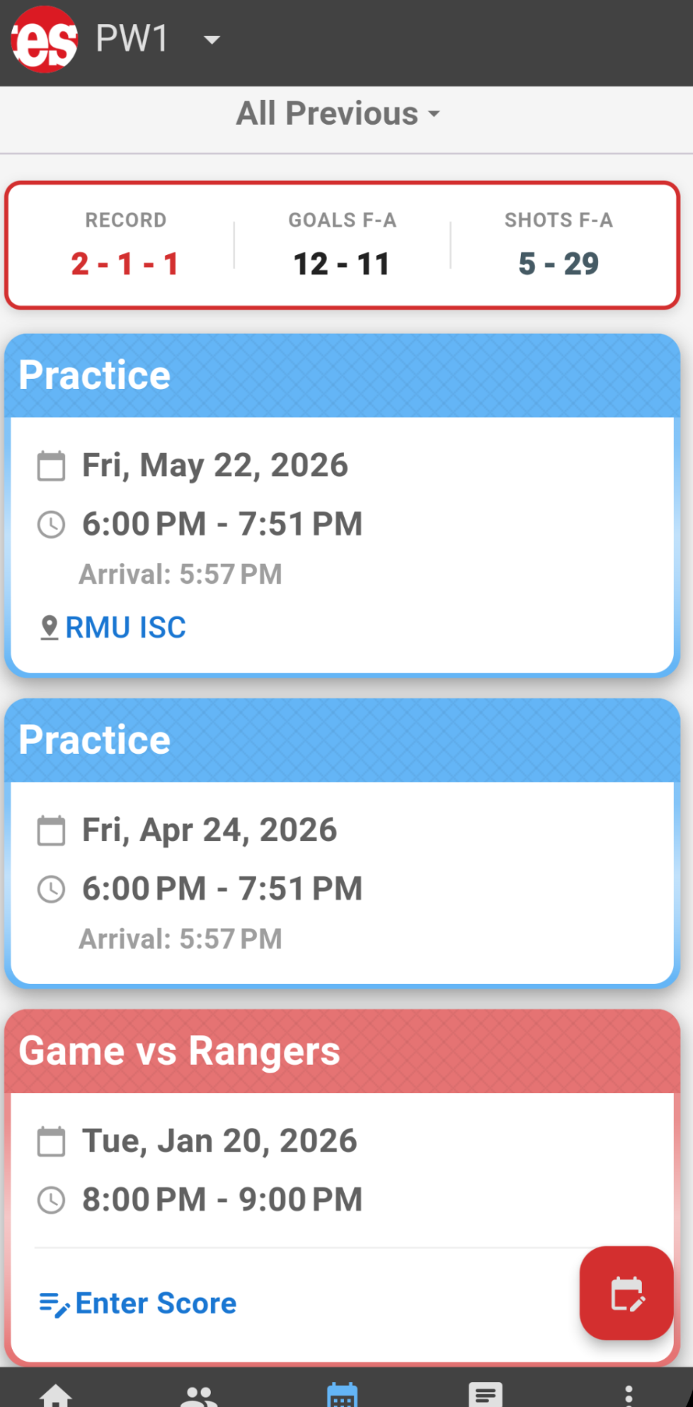 StatZone app team schedule on a phone, showing the season record and upcoming practices and a game.
