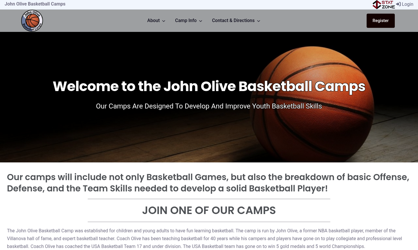 John Olive Basketball Camps website homepage, built and hosted on StatZone