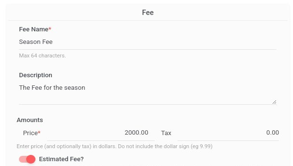 StatZone fee editor showing a Season Fee priced at 2,000.00 with the Estimated Fee toggle switched on.