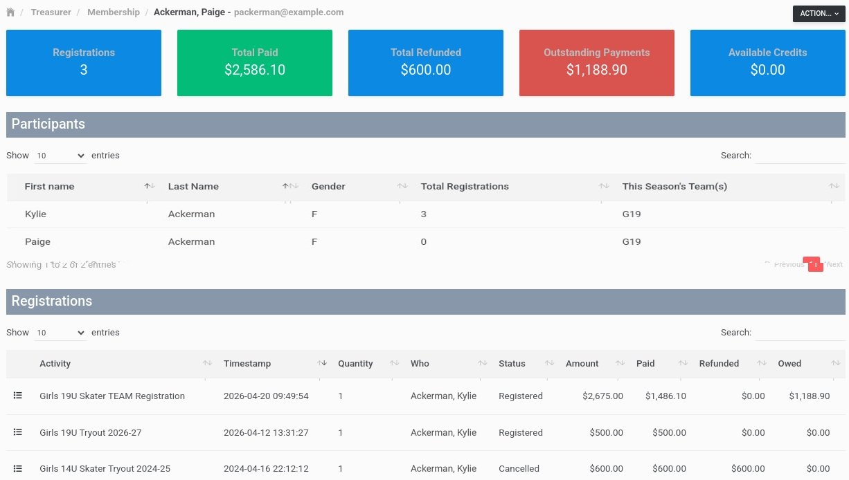 StatZone member account summary showing registrations, total paid, total refunded, outstanding payments, and available credits, with participants and registration history below.
