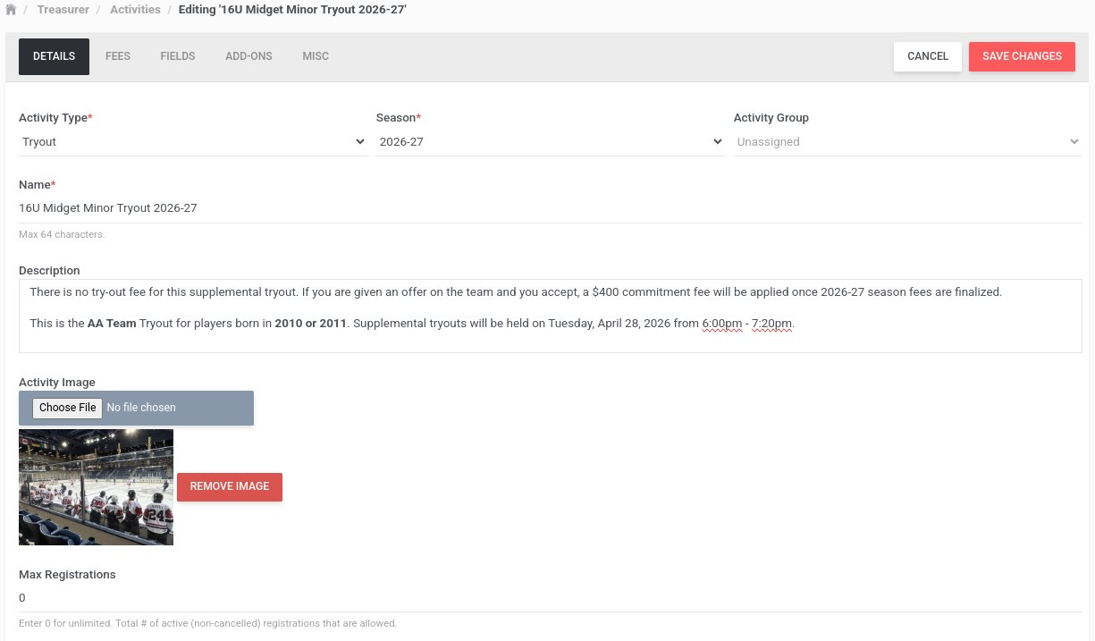 StatZone activity editor for a 16U tryout, with fields for activity type, season, activity group, name, description, activity image, and maximum registrations.