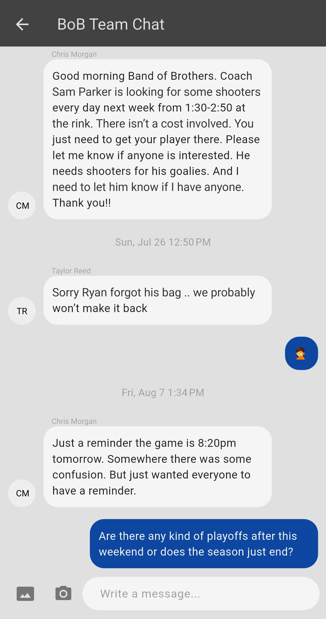 StatZone app team chat with messages from a team manager and a parent, grouped by date